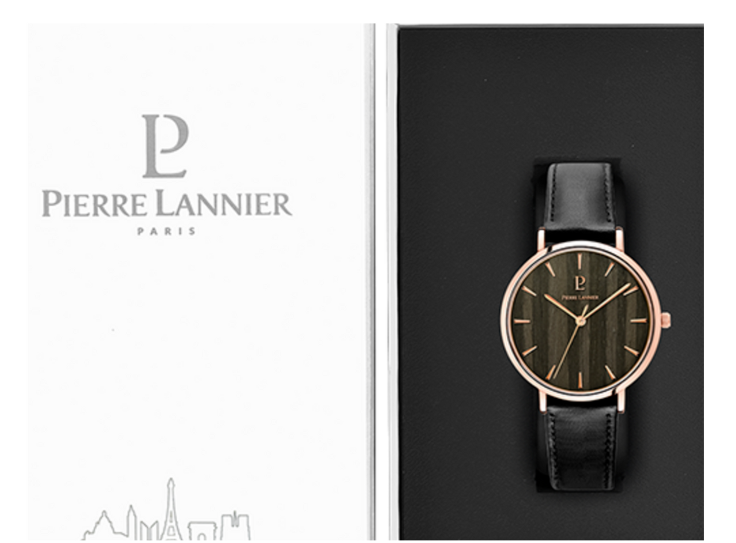 PIERRE LANIER - Montre Femme NATURE Cadran Noir Bracelet Cuir Noir