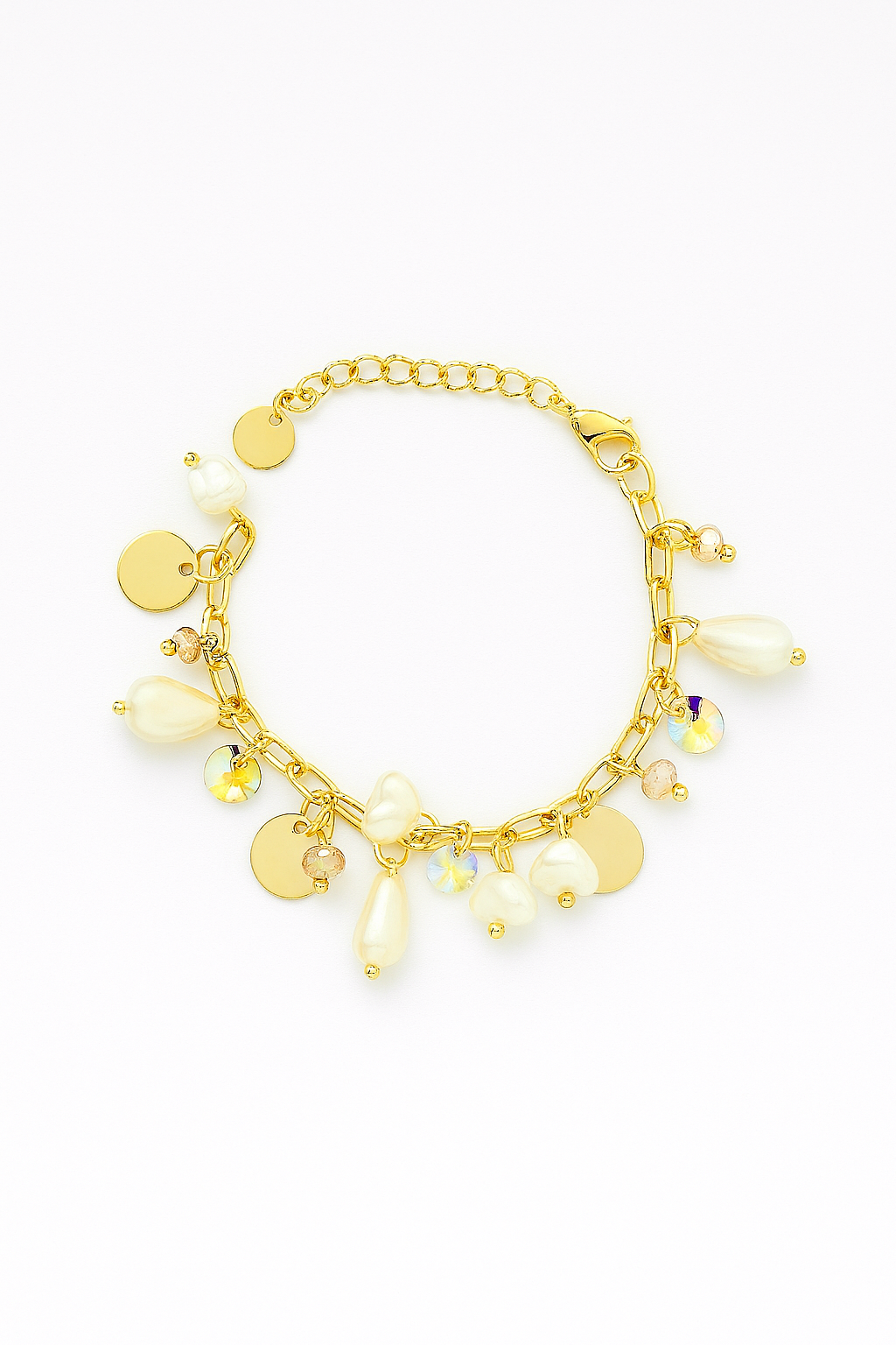 Bracelet doré à breloques nacrées et cristaux – Miu Designs