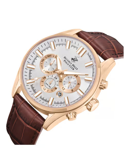 Montre chronographe homme Beverly Hills Polo Club à bracelet en cuir marron – BP5030Y.432