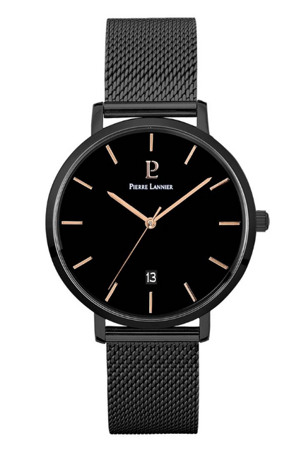 PIERRE LANIER - Montre Homme ECHO Cadran Noir Bracelet Acier Milanais Noir