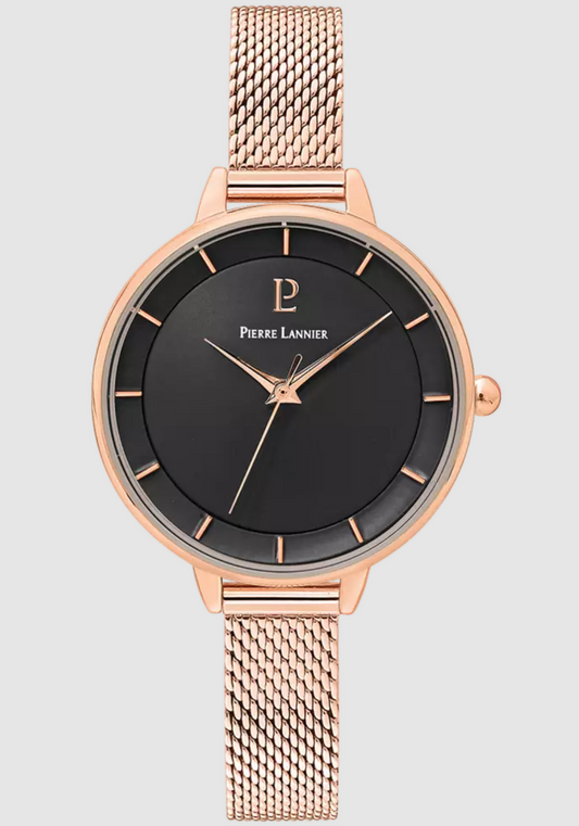 PIERRE LANIER - Montre Femme DELICE Cadran Noir Bracelet Acier Doré-rose