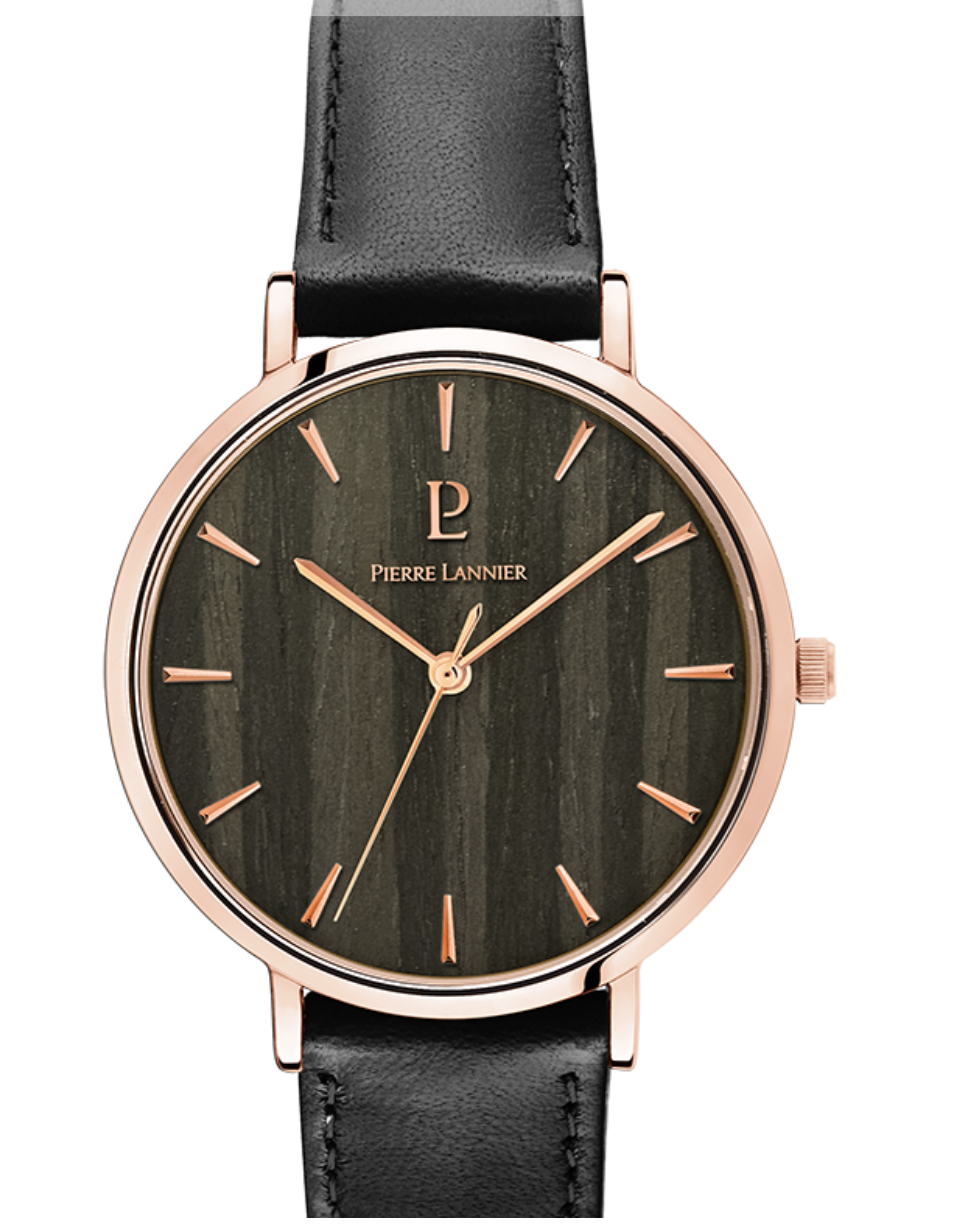 PIERRE LANNIER - Montre Femme NATURE Cadran Noir Bracelet Cuir Noir