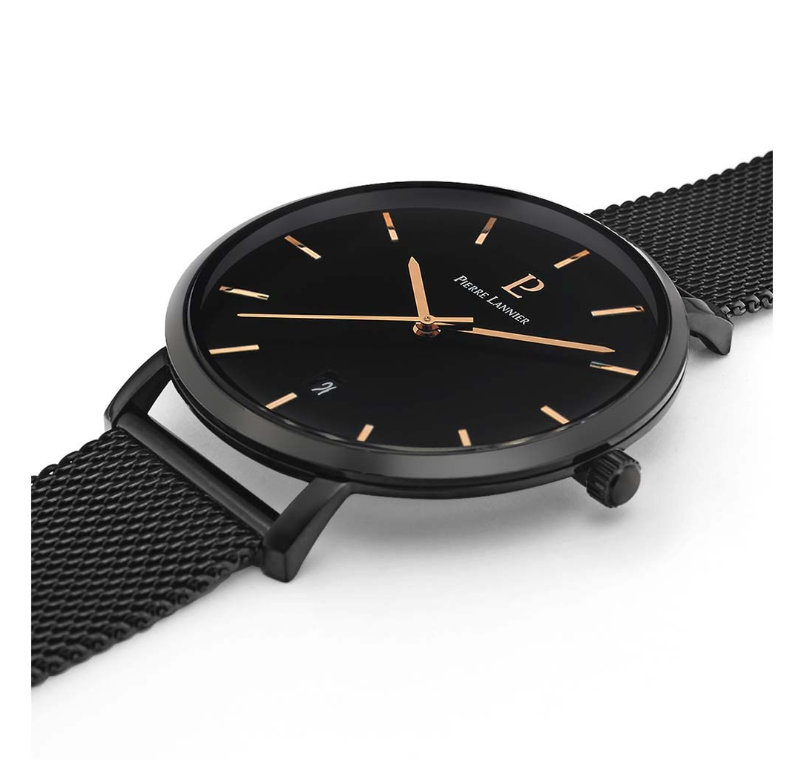 PIERRE LANIER - Montre Homme ECHO Cadran Noir Bracelet Acier Milanais Noir