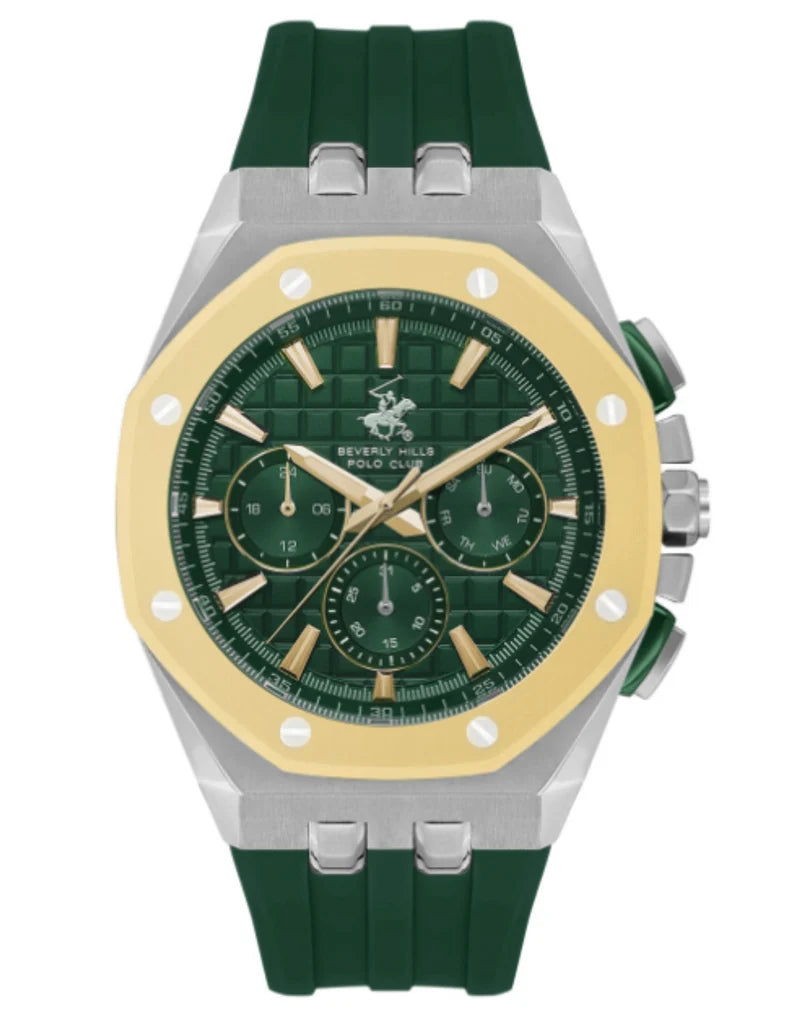 Montre homme multifonction Beverly Hills Polo Club verte et dorée – BP3624X.475