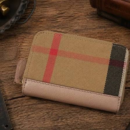Portefeuille zippé Burberry Check beige et cuir rose poudré
