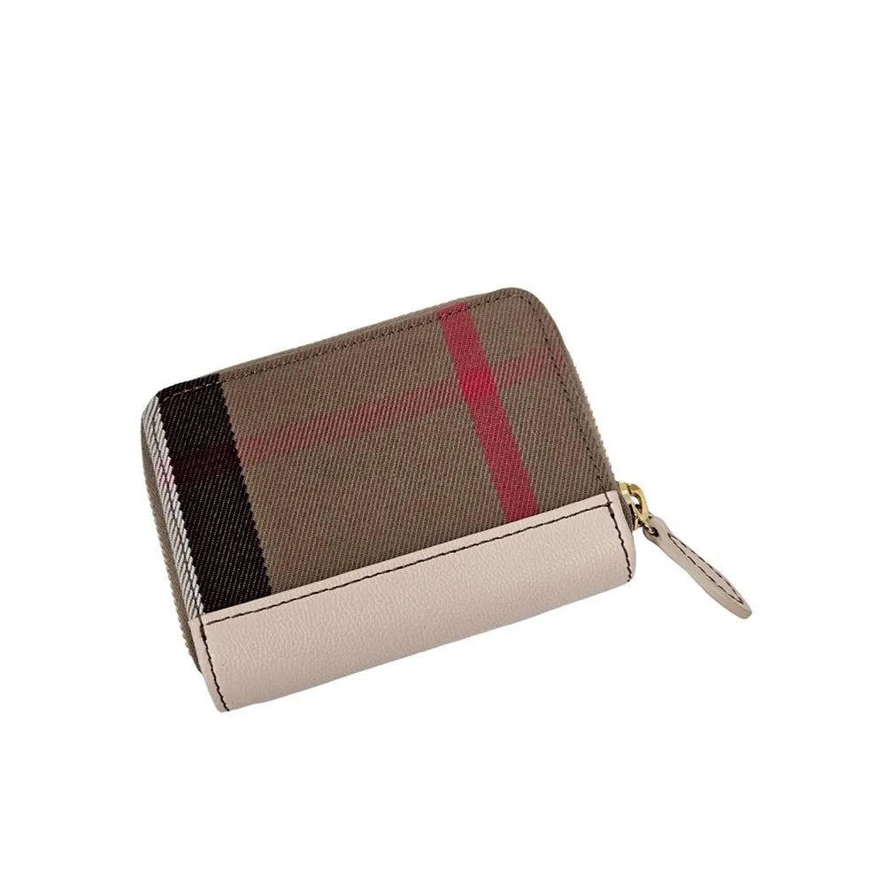 Portefeuille zippé Burberry Check beige et cuir rose poudré