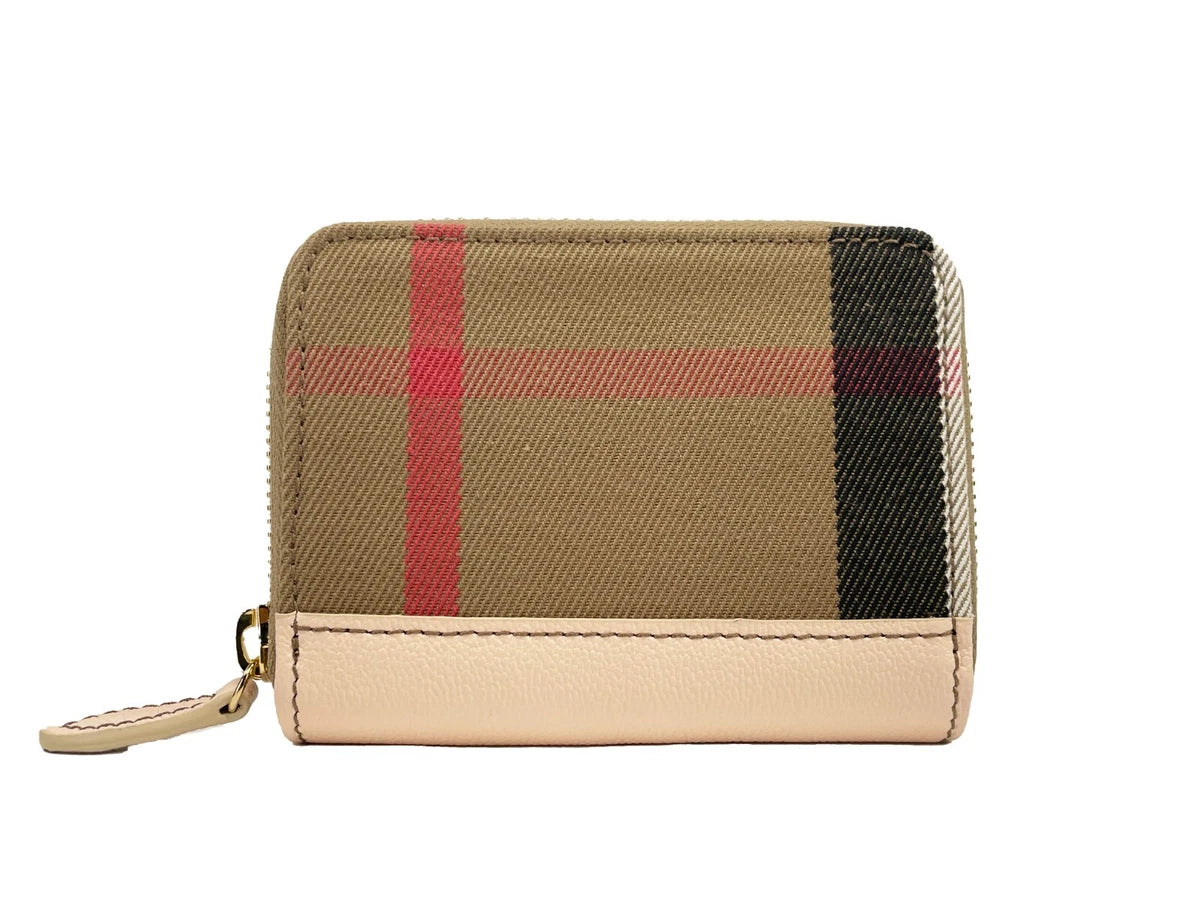 Portefeuille zippé Burberry Check beige et cuir rose poudré